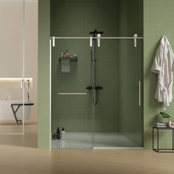 60 in. W x 76 in. Sliding Frameless Shower Door in Brushed Nickel with Tempered Clear Glass