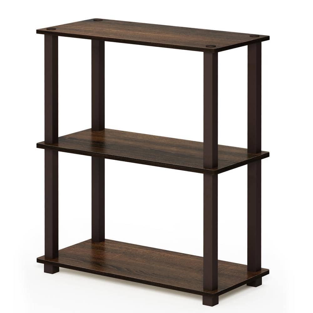 Walnut Brown 3-Tier Rubberwood Bookshelf with Open Back
