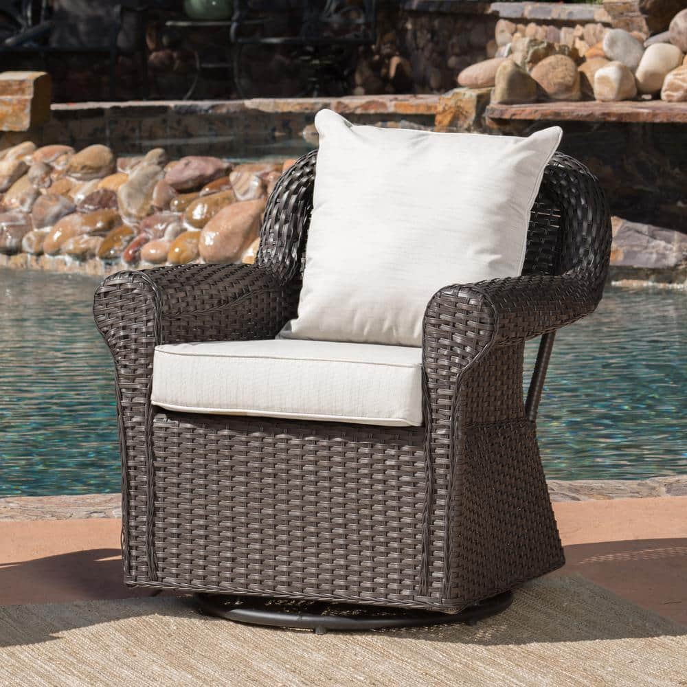 Amaya Dark Brown Wicker Swivel Rocking Chair with Beige Cushions