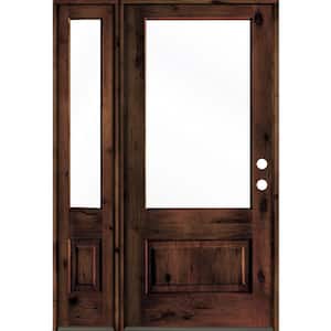 50 in. x 80 in. Knotty Alder Left-Hand Inswing 3/4 -Lite Clear Glass Red Mahogany Stain Wood Prehung Front Door with LSL