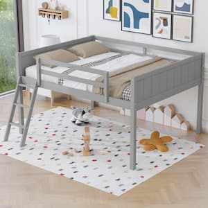 Gray Full Size Wood Low Loft Bed with Sloping Ladder, Full-Length Bedrails