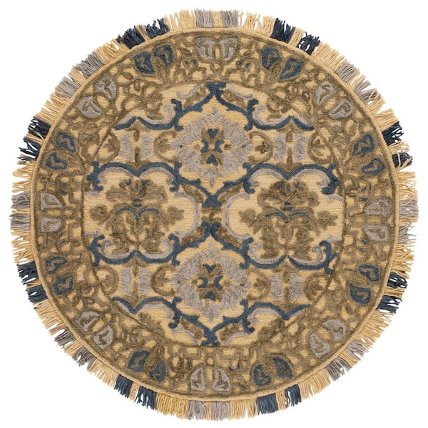 Blossom 6 ft. x 6 ft. Round Gold/Blue Border Area Rug