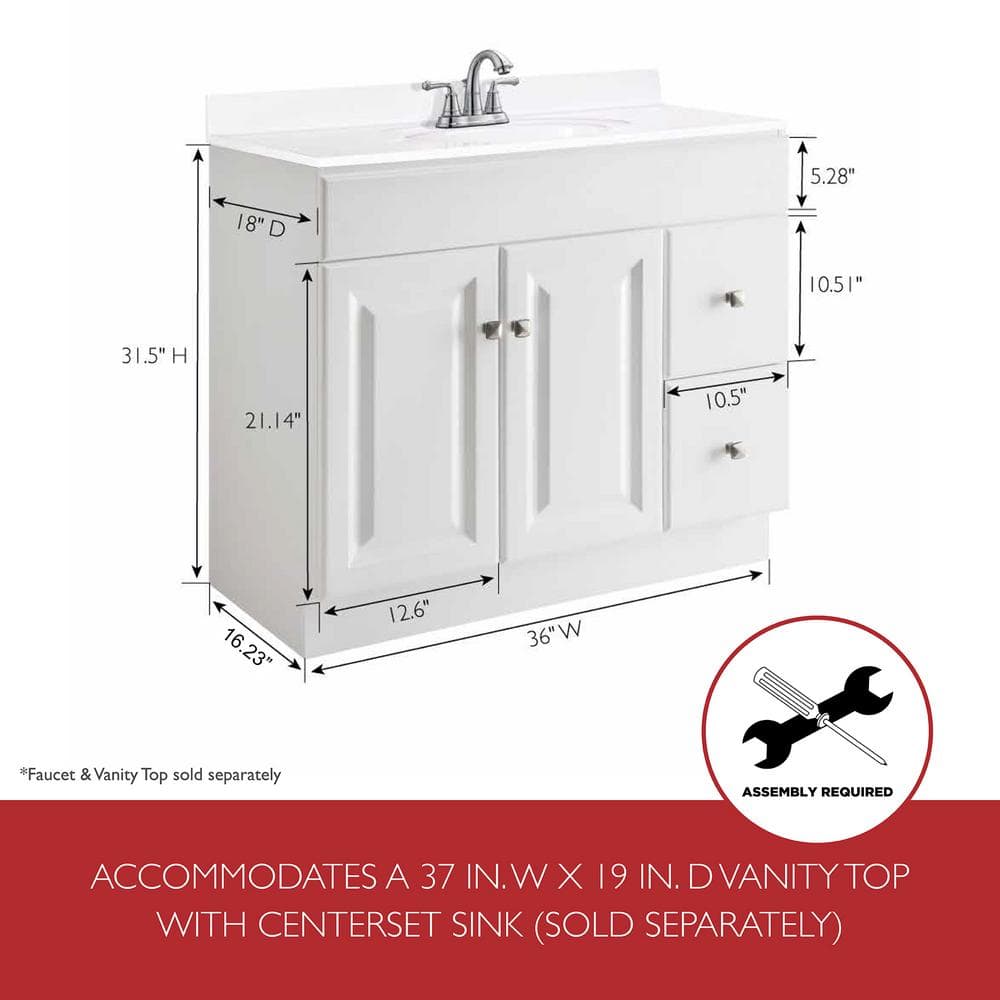 White MDF 36-Inch Freestanding Bathroom Vanity with Satin Nickel Knobs