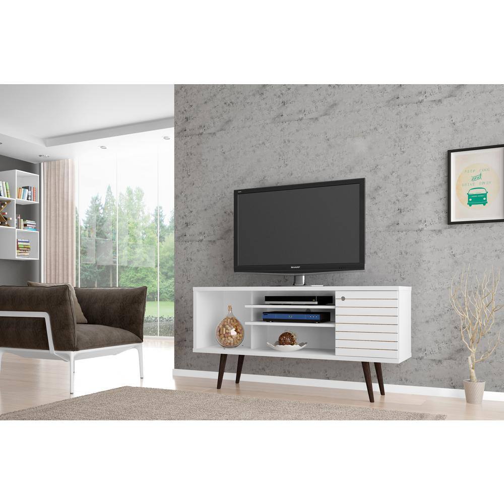 White Mid-Century Modern TV Stand with Cabinet and Shelves