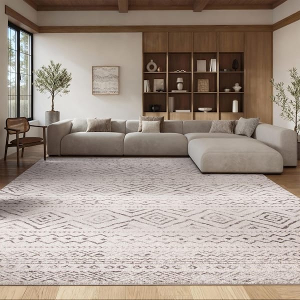 Tulum 12 ft. x 18 ft. Ivory/Gray Striped Geometric Diamonds Area Rug