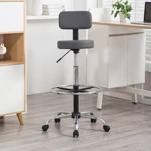 Gray Faux Leather Drafting Stool for Office, Studio, Adjustable Height with Backrest and Rolling Wheels