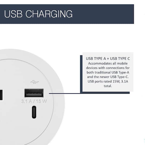 Round 15 Amp 1-Outlet and 2 Type A/C USB White Recessed Furniture Power Strip with 10 Ft. Cord