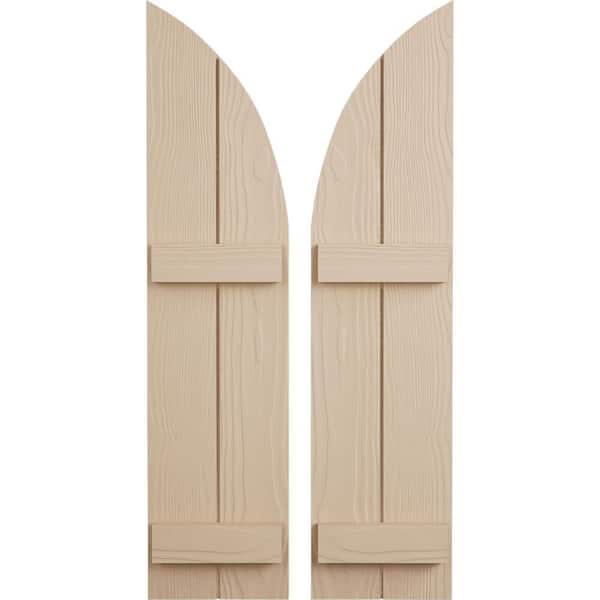 Ekena Millwork 11 in. x 58 in. Polyurethane Sandblasted 2-Board Joined Board-n-Batten Round Arch Top Shutters, Primed Tan