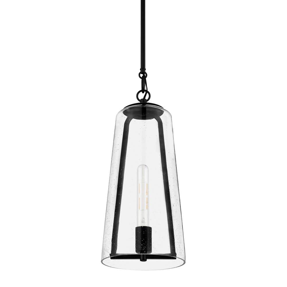 Home Decorators Collection Desmond 1-Light Black Pendant Light with Smoke Seedy Glass Shaded