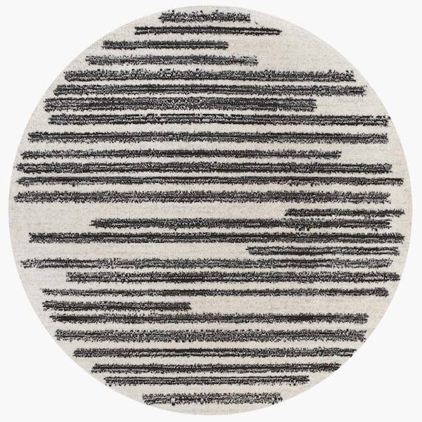 Khalil Modern Berber Stripe Cream/Black 6 ft. Round Area Rug