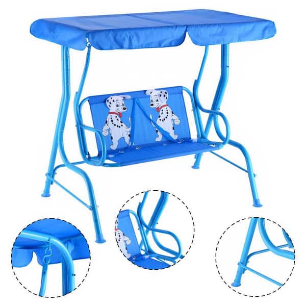 Costway 2-Person Blue Metal Kids Patio Swing Chair Bench Canopy