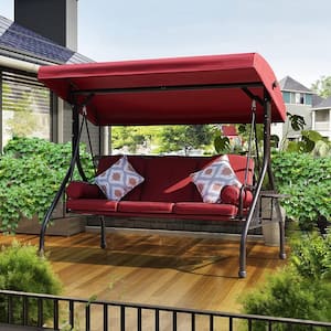 3-Seat Patio Porch Swing with Adjustable Canopy and Removable Waterproof Seat Cushion in Red