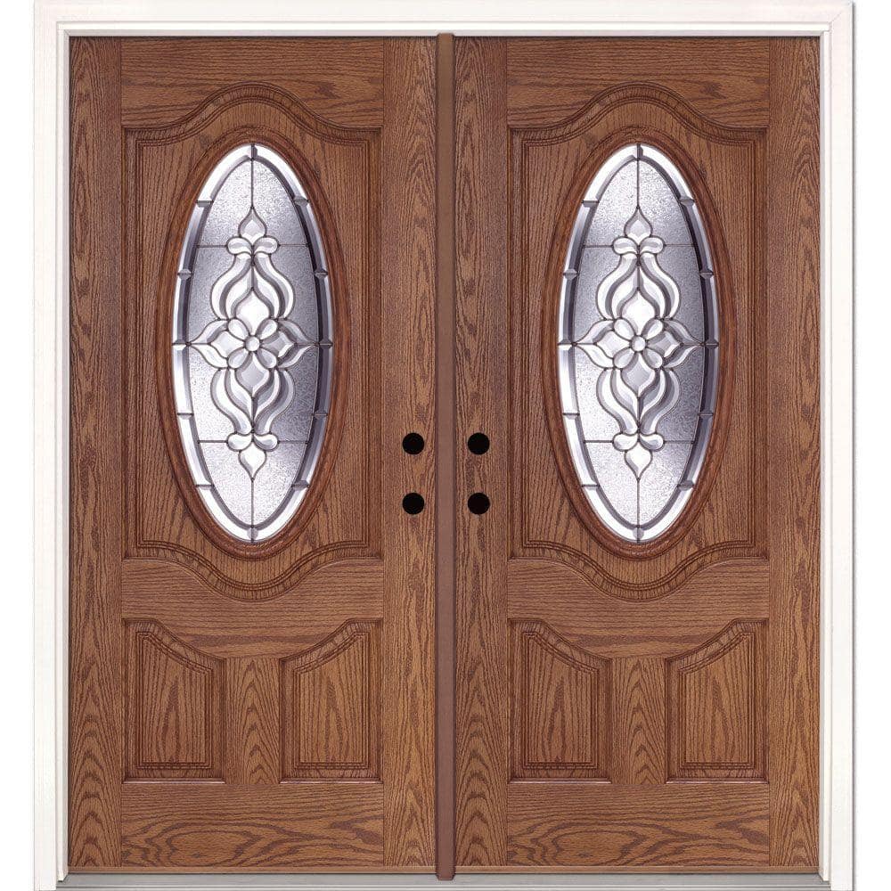 74 in. x 81.625 in. Lakewood Zinc 3/4 Oval Lite Stained Medium Oak Left-Han