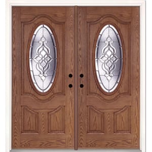 74 in. x 81.625 in. Lakewood Zinc 3/4 Oval Lite Stained Medium Oak Left-Hand Fiberglass Double Prehung Front Door