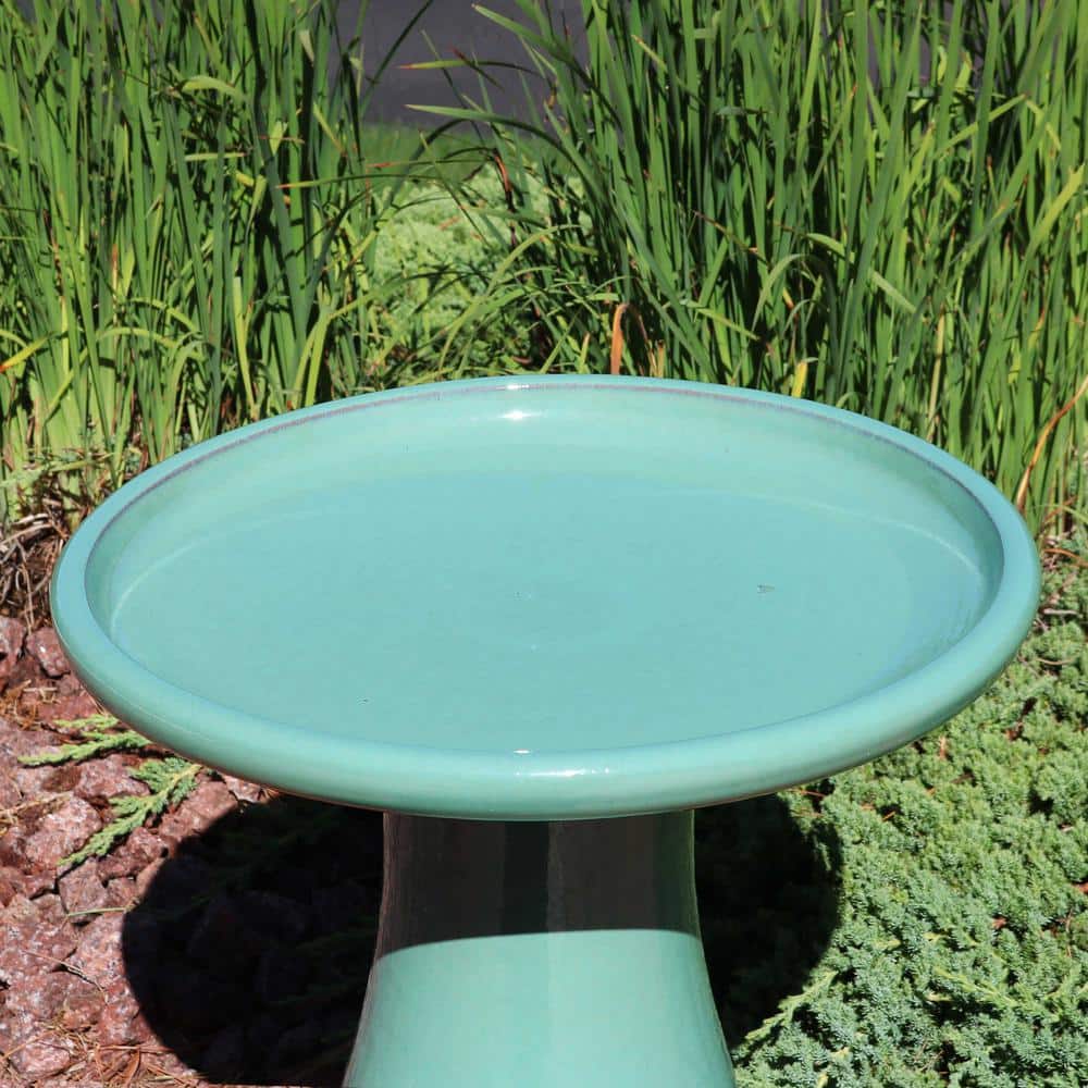 Seafoam Glazed Ceramic Hand-Painted Outdoor Bird Bath Stand