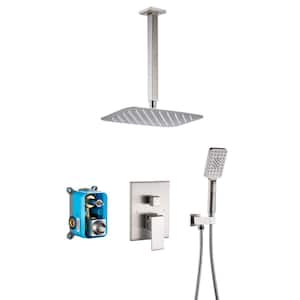 Mondawell 3-Spray Patterns 12 in. x 8 in. Ceiling Mount Rain Dual Shower Heads with Handheld and Valve in Brushed Nickel