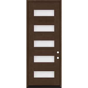 Regency 36 in. x 96 in. 5L Modern Frosted Glass LHIS Hickory Stained Fiberglass Prehung Front Door
