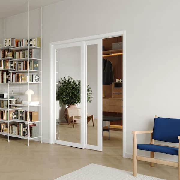 72 in. x 80 in. MDF, White Double Mirrored Full Lite Glass Sliding Door with All Hardware