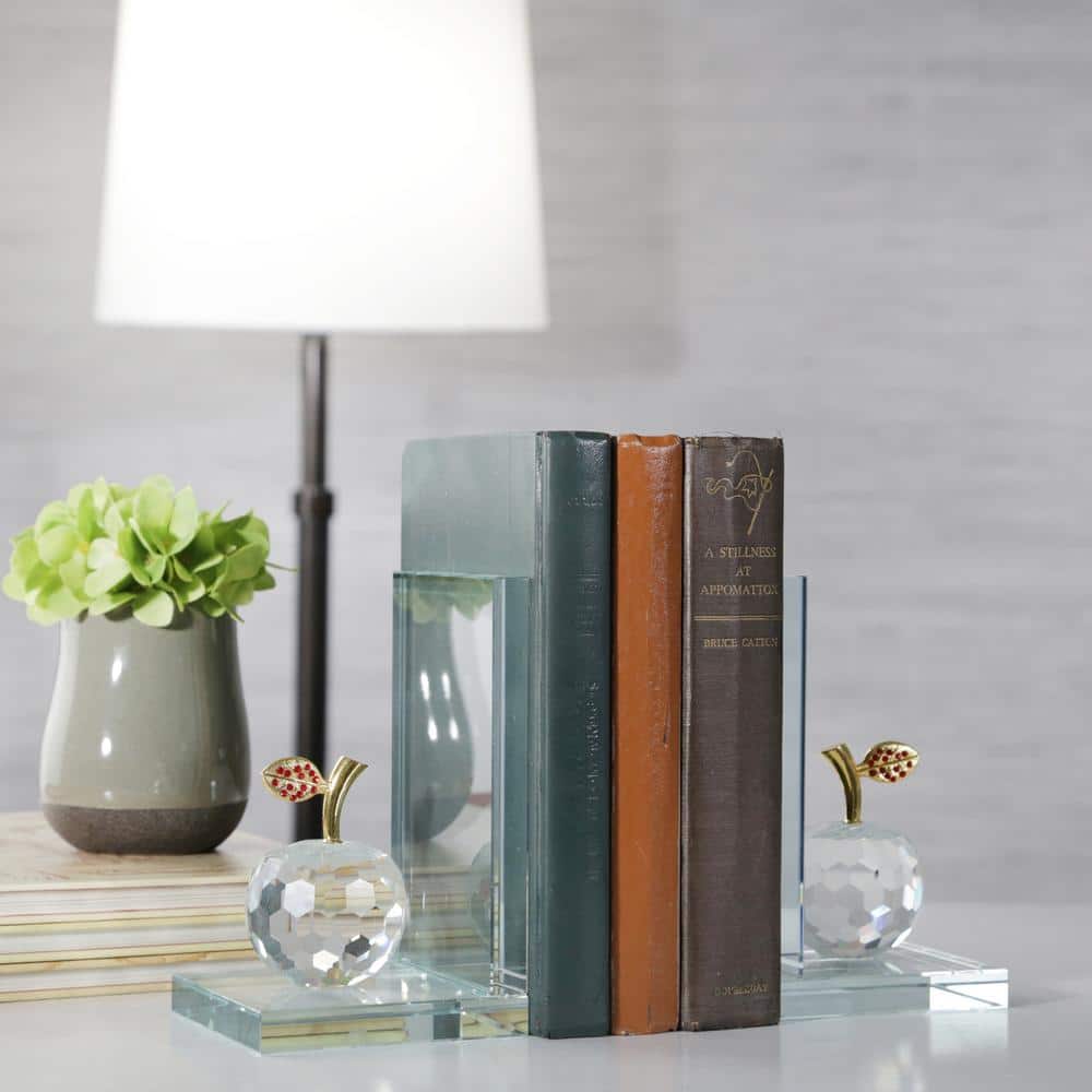 Clear Crystal Apple Bookends with Gold Accents, Set of 2