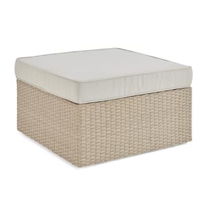 Canaan Beige All-Weather Wicker Outdoor Square Ottoman with Cream Cushion