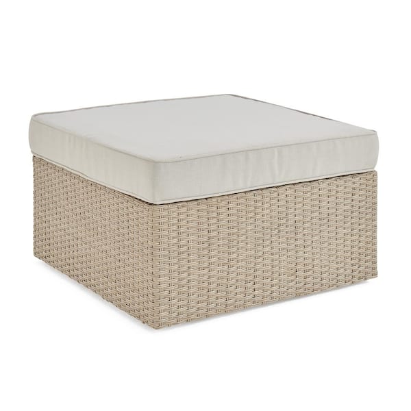 Pure Garden Canaan Beige All-Weather Wicker Outdoor Square Ottoman with Cream Cushion