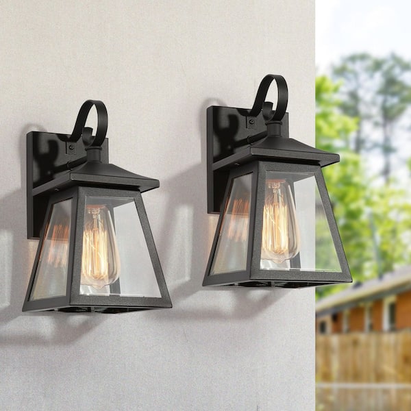 Farmhouse Black Outdoor Wall Sconce, 1-Light Modern Outdoor Lantern Sconce Light with Clear Glass Shade (2-Pack)