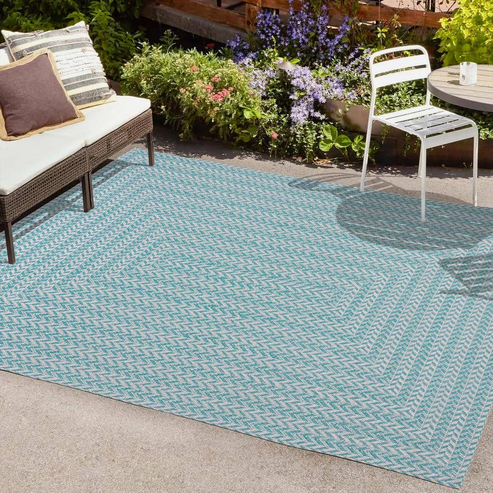 JONATHAN Y Chevron Modern Concentric Squares Aqua/Light Gray 5 ft. x 8 ft. Indoor/Outdoor Area Rug