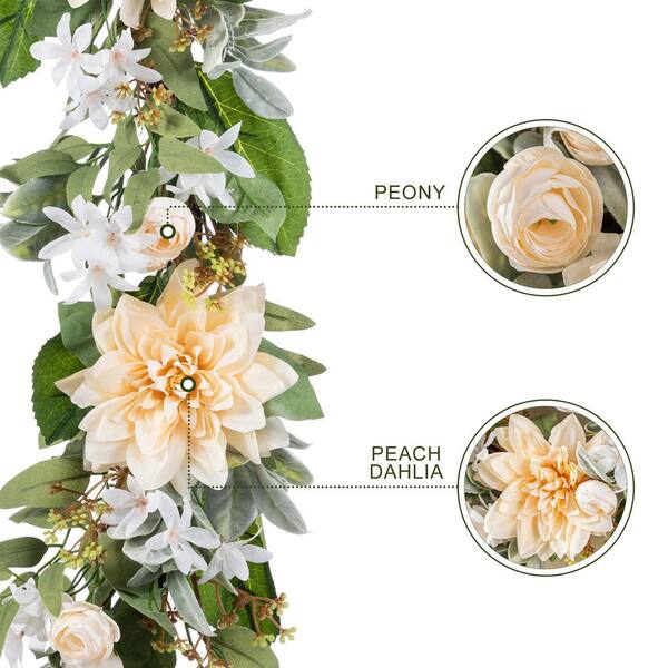 Glitzhome 6 ft. Artificial Peach Dahlia Floral Garland 2015700006