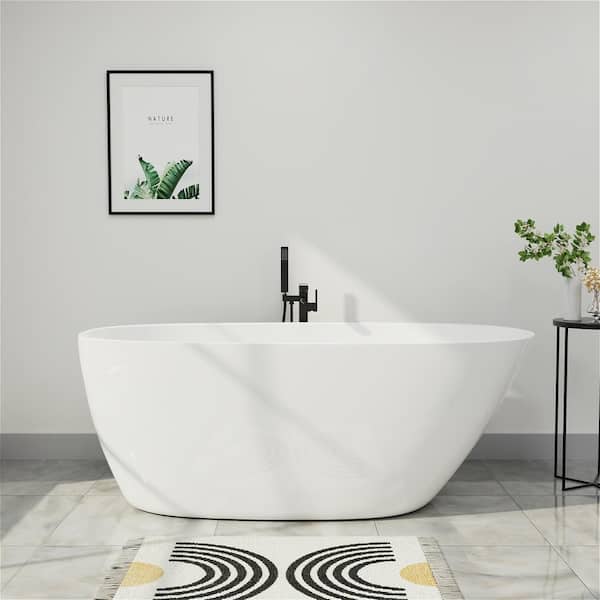 59 in. Acrylic Freestanding Bathtub Flatbottom Single Slipper Soaking Bathtub in Glossy White