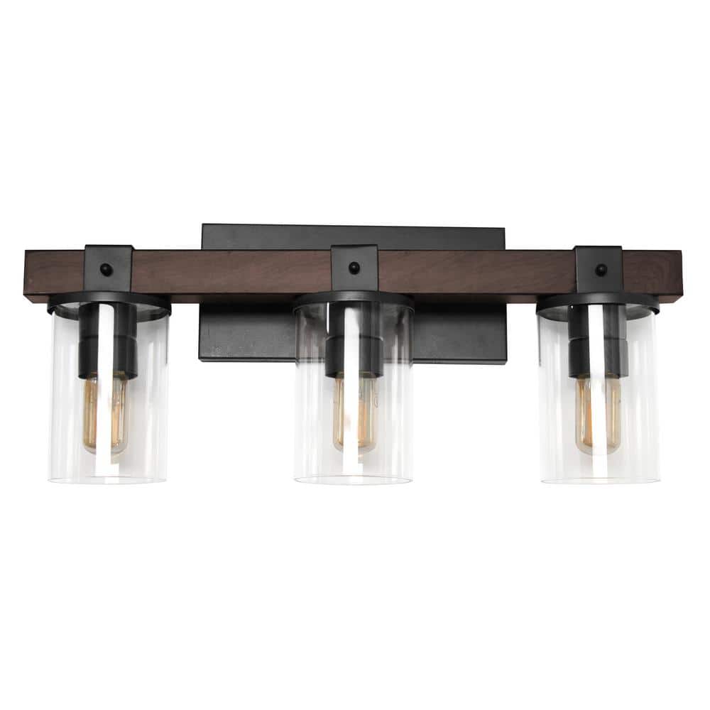 3-Light Brown Industrial Rustic Lantern Restored Wood Look Bath Vanity Ligh