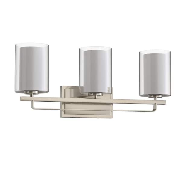 22 in. Brushed Nickel 3-Light Vanity Light with Clear Cylinder Glass Shade for Powder Room or Dressing Room