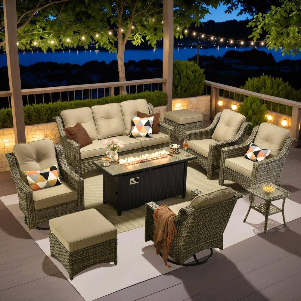 Tulip R 9-Piece Wicker Patio 54 in. Fire Pit Conversation Set with Swivel Rocking Chairs and Beige Cushions price history on PriceWatchPro