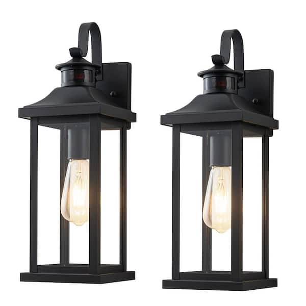 8 in. Matte Black Motion Sensing Dusk to Dawn Outdoor Hardwired Wall Lantern Sconce with No Bulbs Included