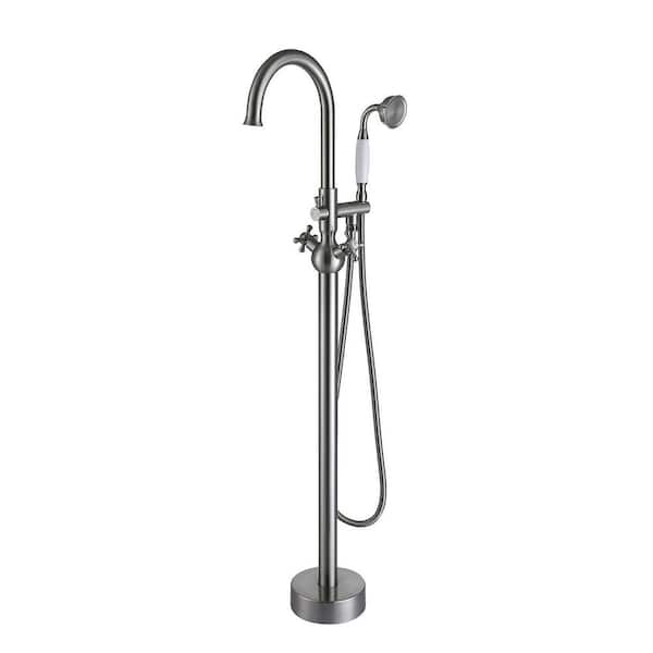 Satico 2-Handle Cross Handle Freestanding Tub Faucet with Hand Shower in Brushed Nickel