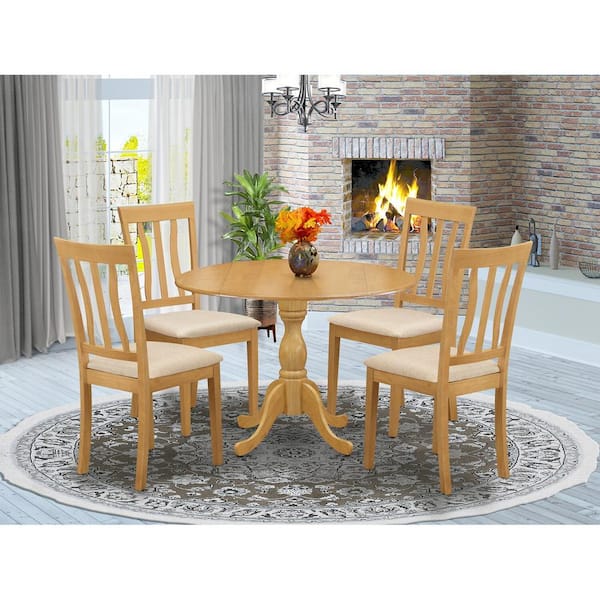 East West Furniture 5-Piece Natural Oak Finish Solid Wood Top Dining table with 4-Chairs with Slat Back