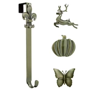15.75 in. Artificial Antique Brass Adjustable Wreath Hanger with Butterfly, Reindeer, Pumpkin, and Fleur De Lis Icons