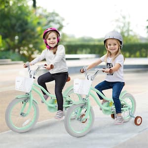 14 in. Kid's Bike with Removable Training Wheels and Basket for 3-5 Years Old Green