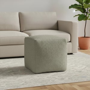 KINWELL Green Boucle Upholstered Square Ottoman with Solid Wood