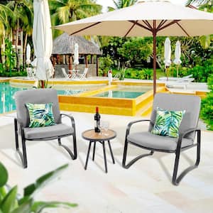 3-Piece Metal Outdoor Bistro Set with Gray Cushion and Tempered Glass Table Coffee Table