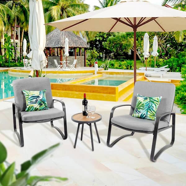 Sudzendf 3-Piece Metal Outdoor Bistro Set with Gray Cushion and Tempered Glass Table Coffee Table
