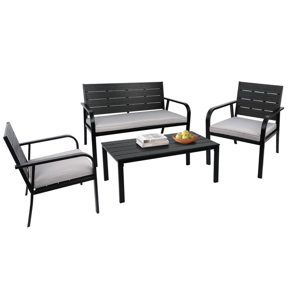 Tenleaf 4-Piece Black Metal Patio Conversation Set with Gray Cushions ...