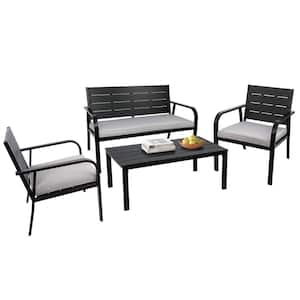 4-Piece Black Metal Patio Conversation Set with Gray Cushions and Coffee Table