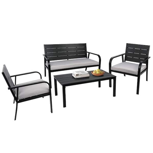 Tenleaf 4-Piece Black Metal Patio Conversation Set with Gray Cushions and Coffee Table