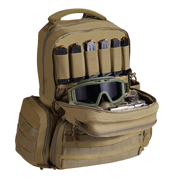VEVOR Tactical Backpack 18.9 in. Brown Backpack for 6-Pistols, Gun Backpack with 6-Bags and 10-Magazines, Pistol Backpack