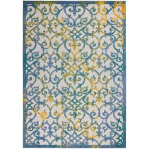 Aloha Ivory Blue 6 ft. x 9 ft. Floral Contemporary Indoor/Outdoor Patio Area Rug