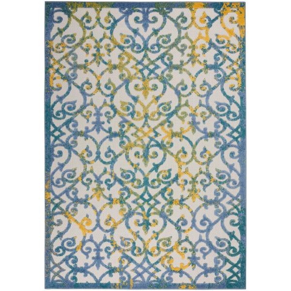 Nourison Aloha Ivory Blue 5 ft. x 8 ft. Floral Contemporary Indoor/Outdoor Patio Area Rug