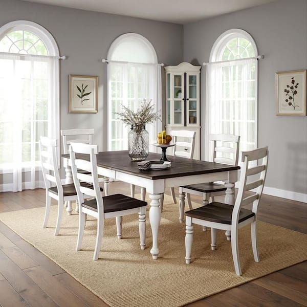 Benjara Orso Off White and Brown Wood 60 in. 4 Legs Dining Table Seats 6