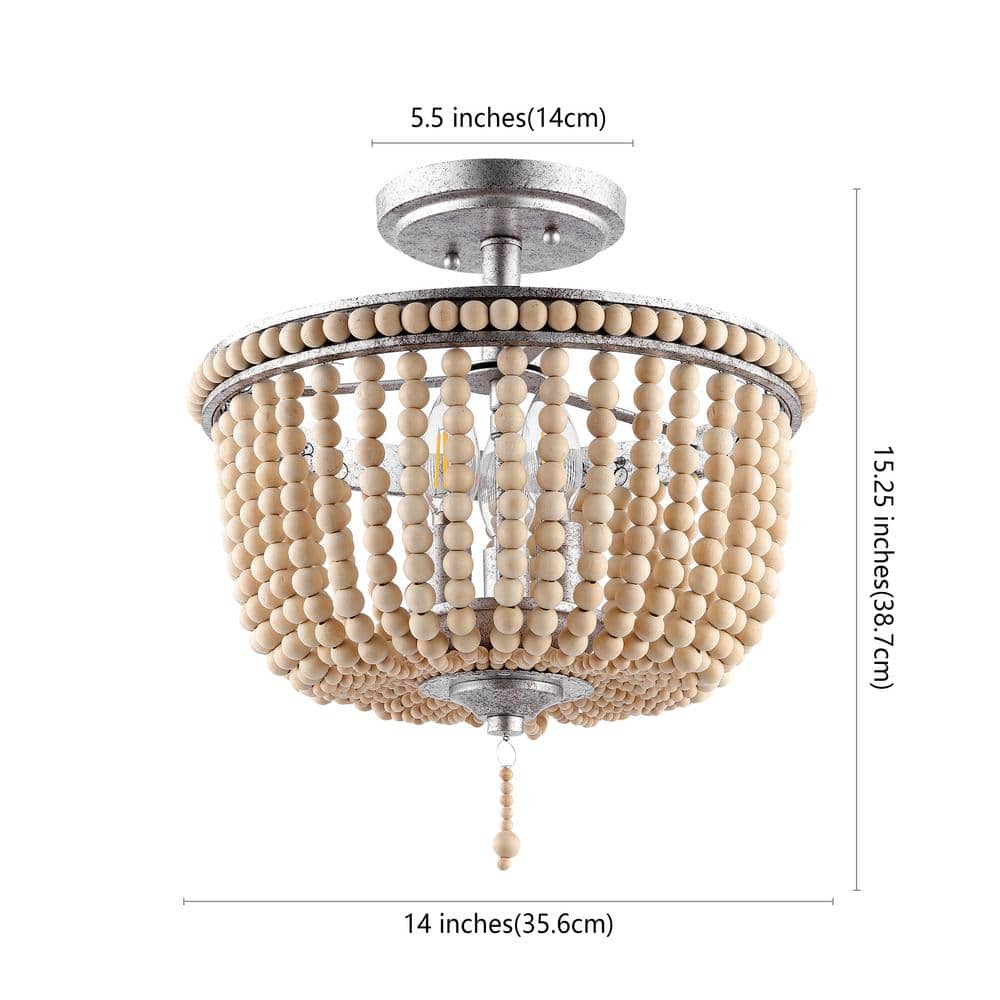 Allie 14" Antique Silver Wood Bead LED Semi Flush Mount Light