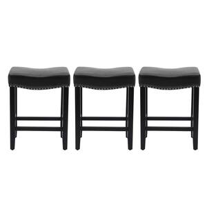 Jameson 24 in. Counter Height Black Wood Backless Nail Head Barstool Upholstered Faux Leather Saddle Seat (Set of 3)