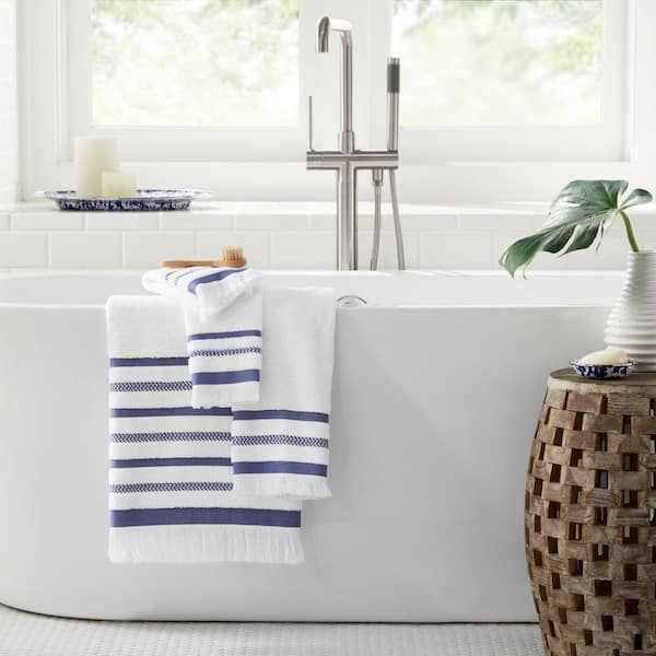 StyleWell Turkish Cotton White and Lake Blue Stripe 6-Piece Fringe Bath Towel Set